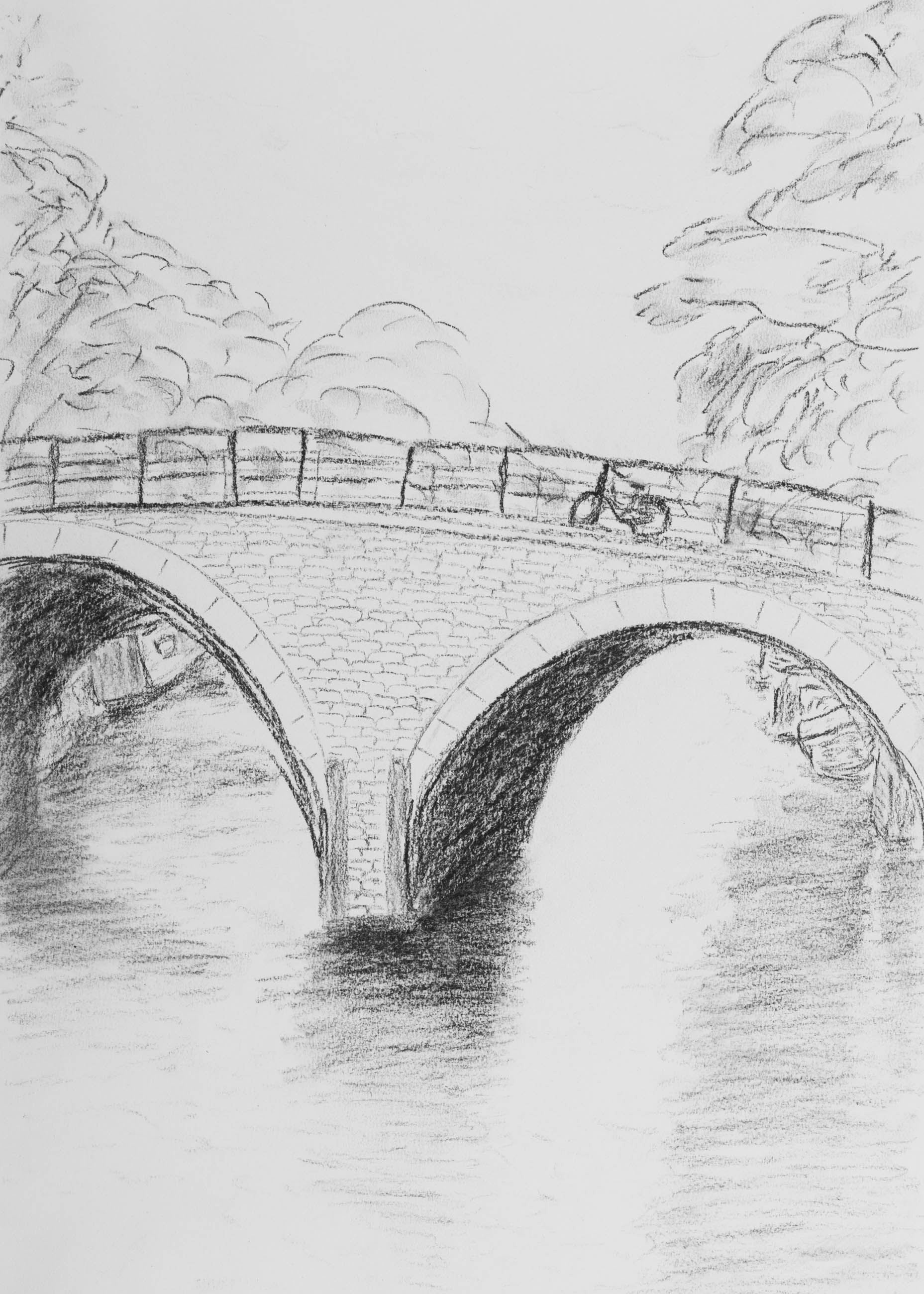 drawing of bridge in amsterdam, charcoal