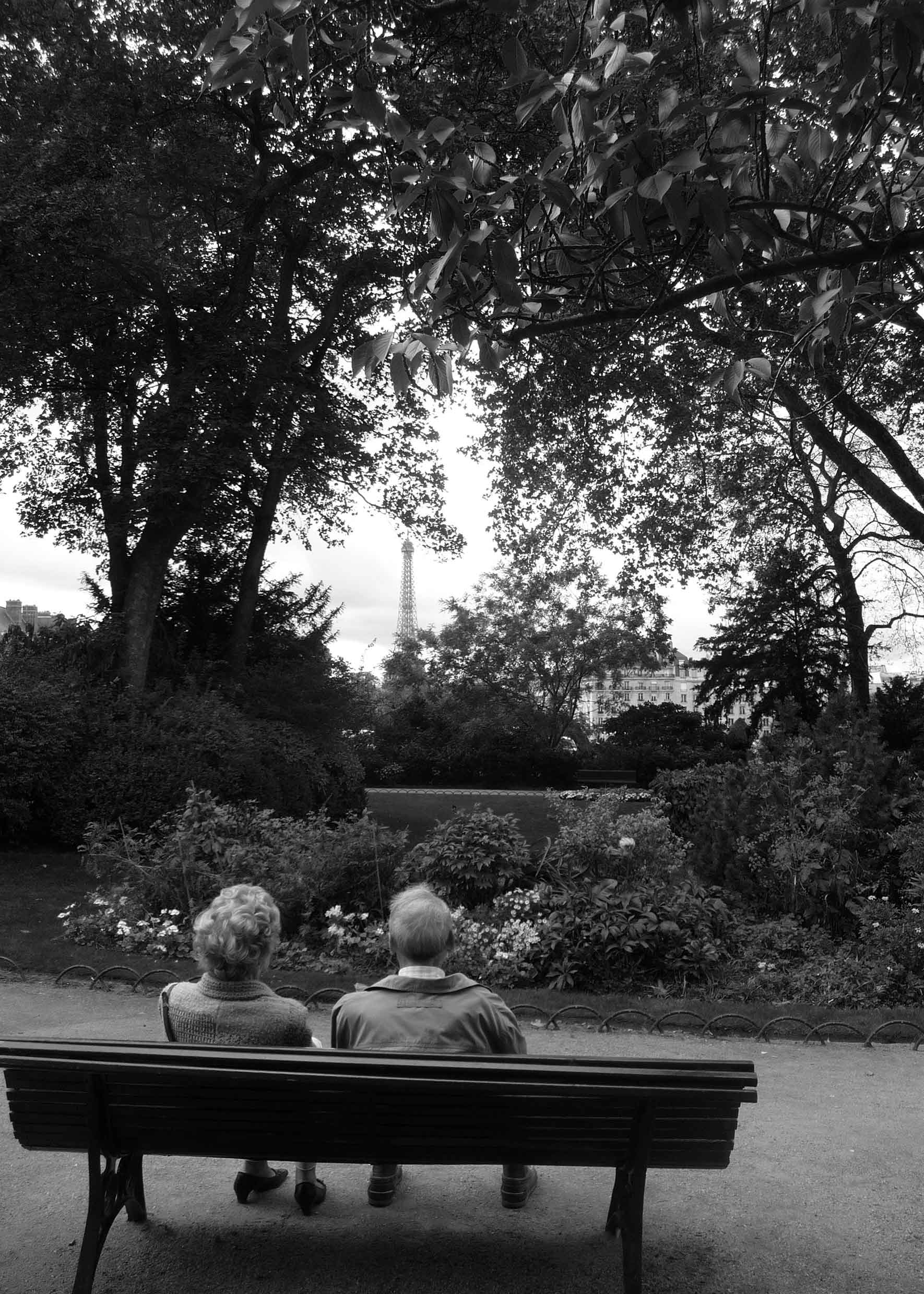 photo of couple sitting on park bench, Eiffel tower in the distance