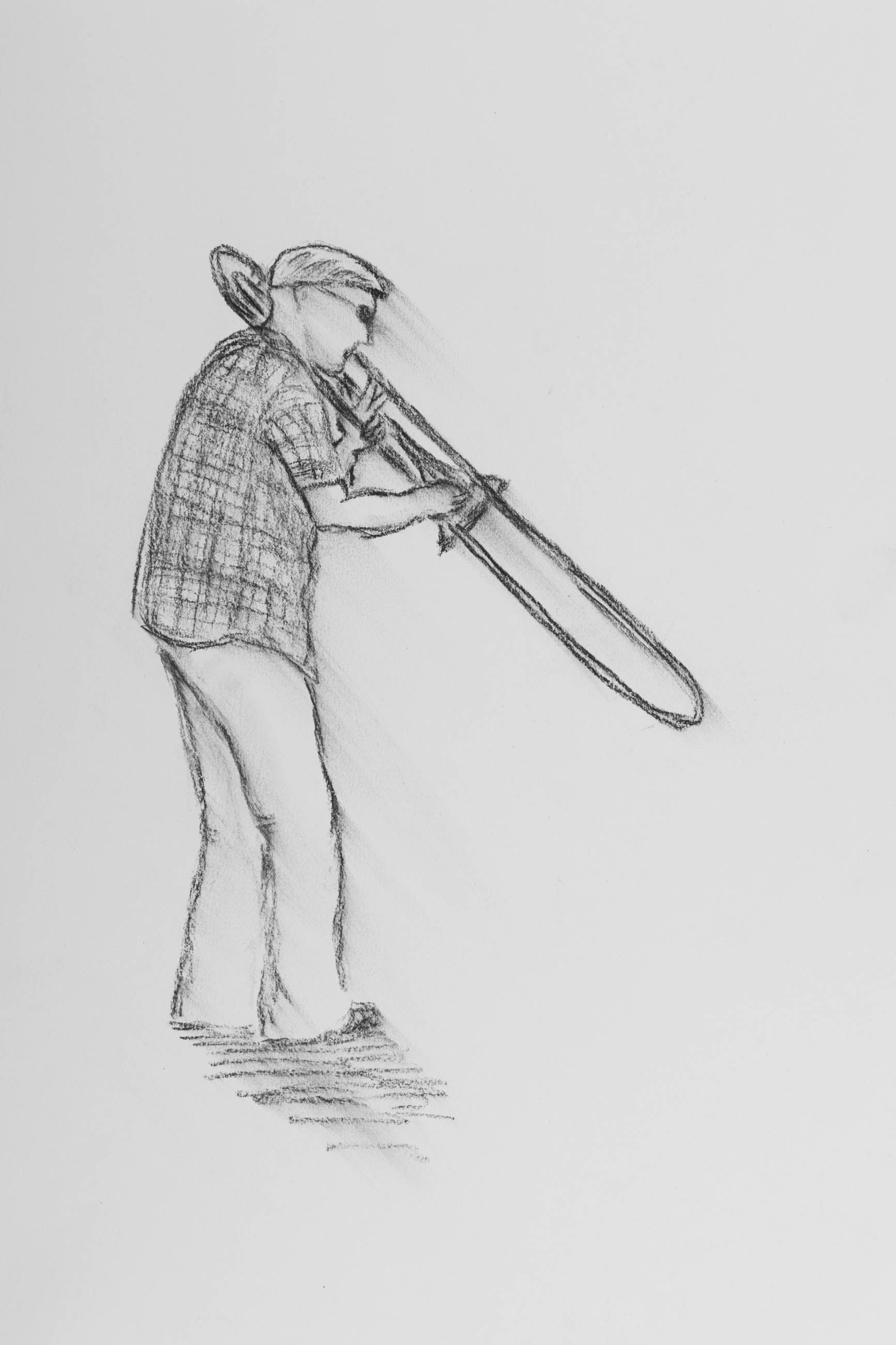 drawing of trombonist, charcoal